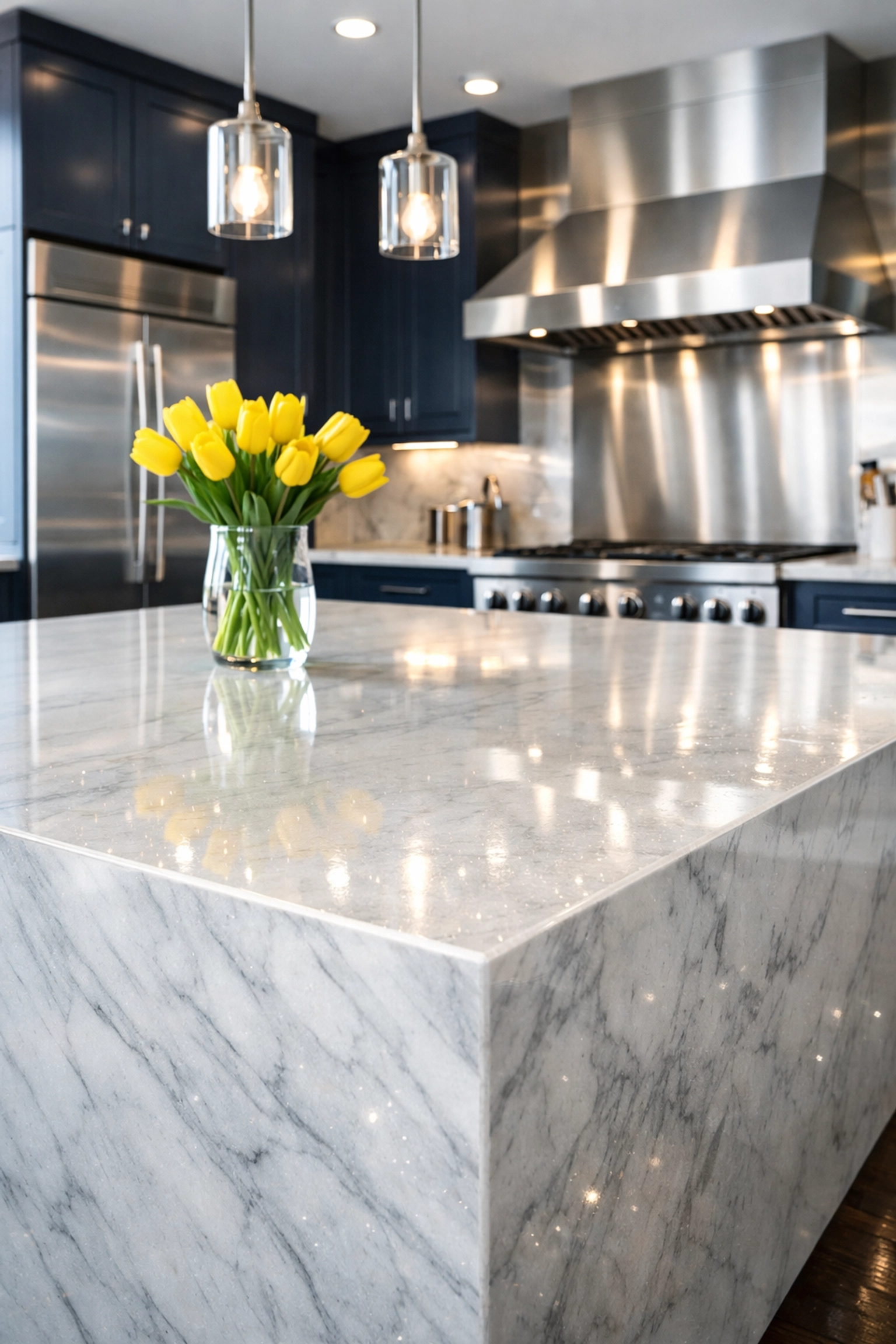A professionally cleaned modern kitchen with marble counters to reduce mental stress.