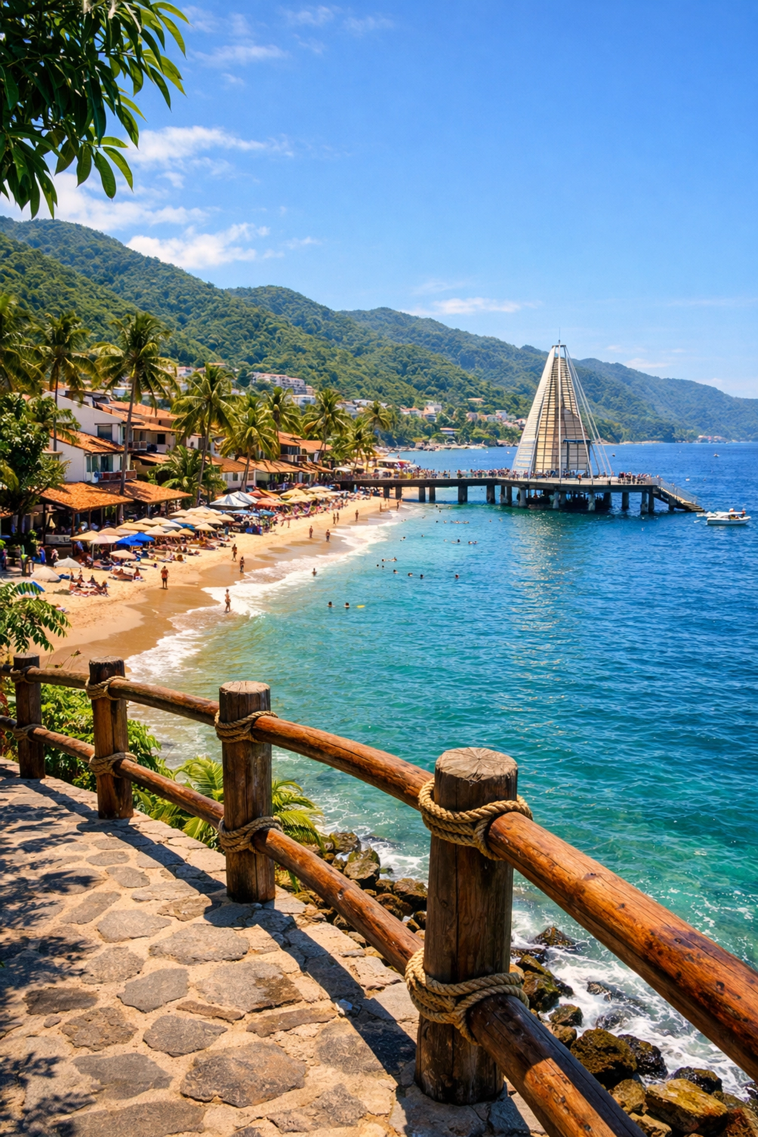 Scenic view of Los Muertos Beach and the iconic pier from the coastal walkway in Amapas, Puerto Vallarta.
