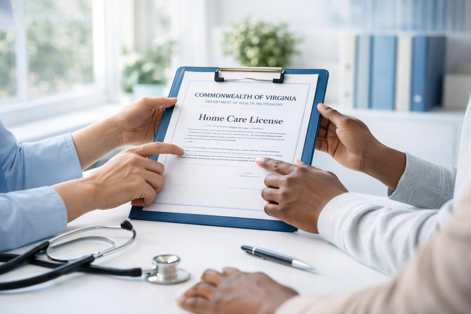 Virginia home care agency license certificate with stethoscope on desk