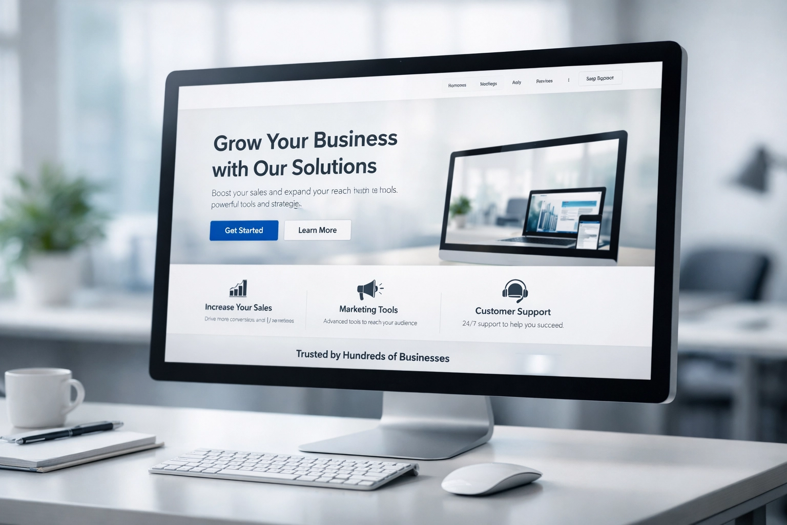 High-converting landing page design displayed on monitor with clean layout and clear call-to-action
