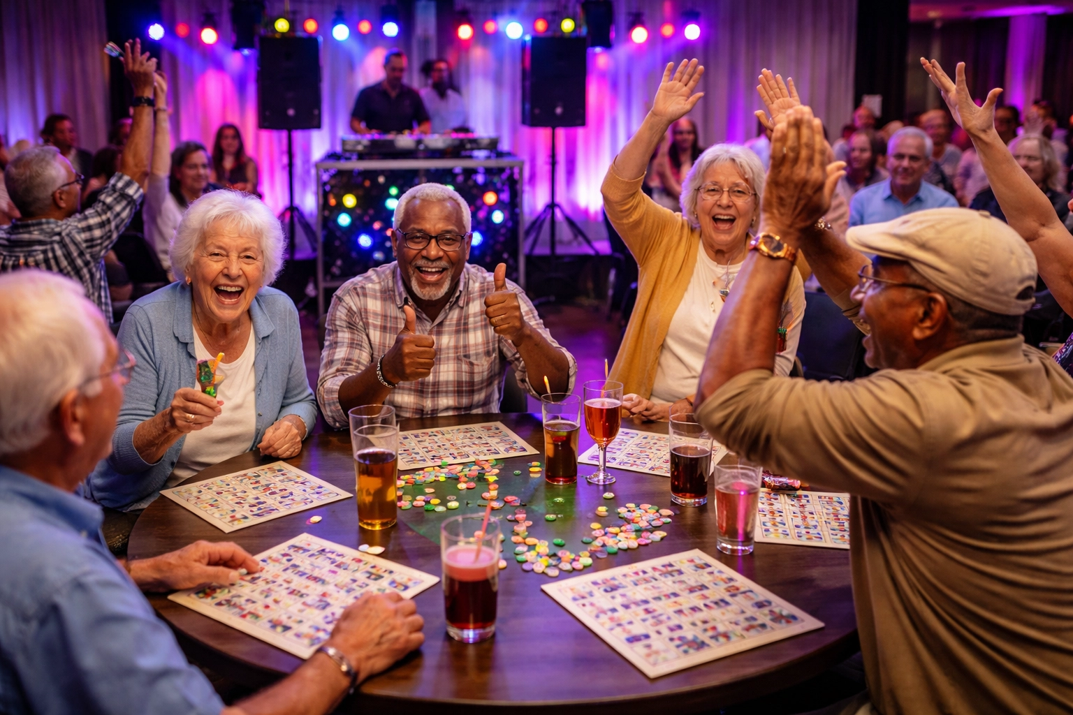 Senior residents enjoying Music Bingo with a DJ, laughter, and vibrant lights at a senior community event.