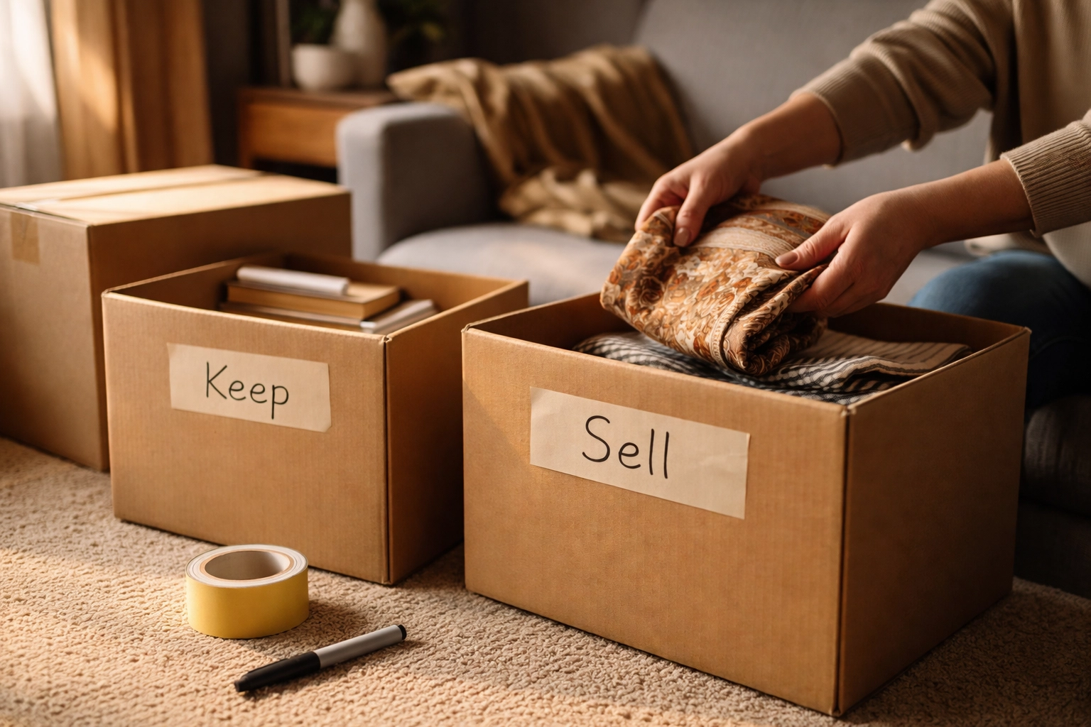 Organized home cleanout planning with checklists, boxes, and coffee emphasizes estate liquidation preparation