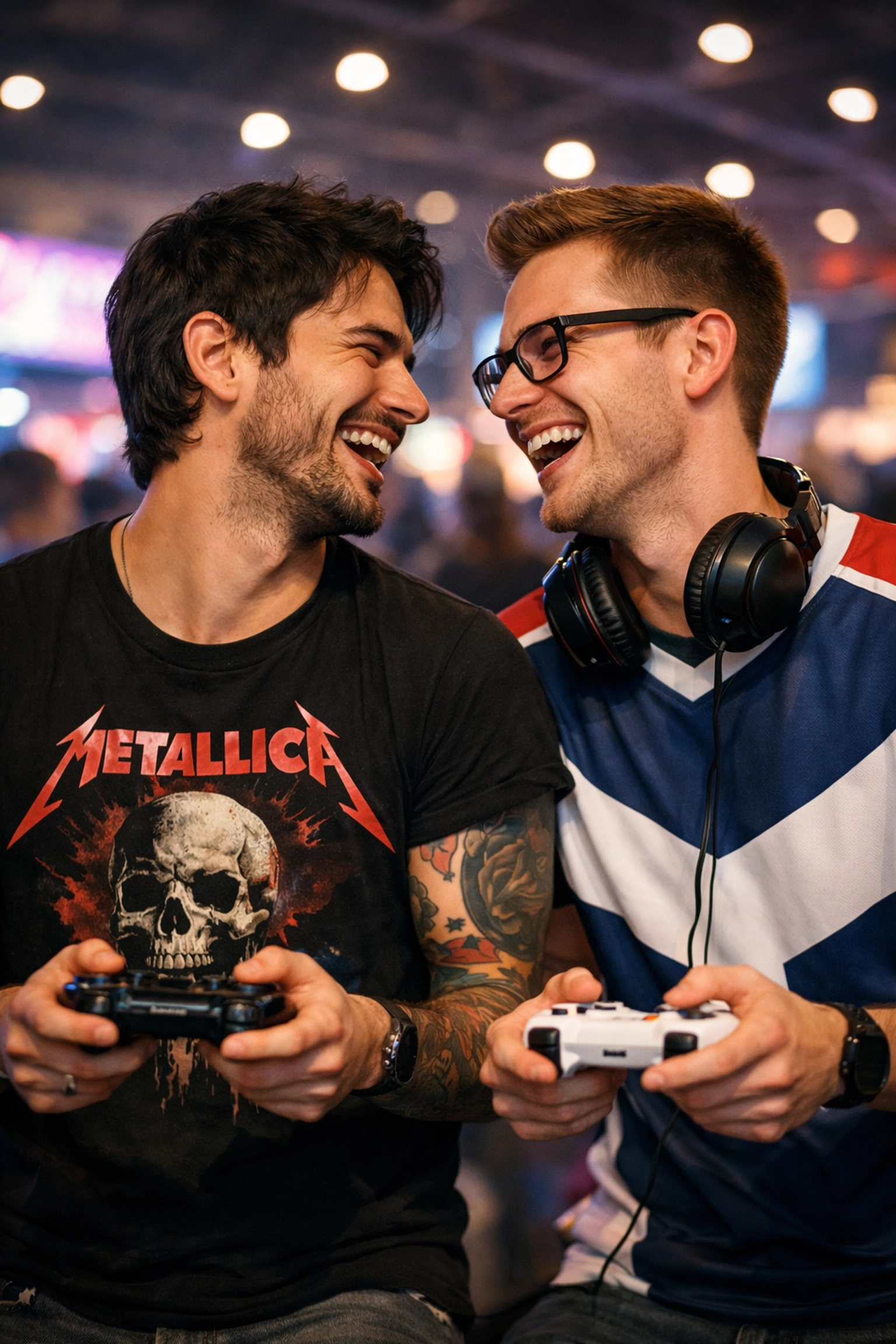 Two gay gamers sharing a genuine moment of connection at gaming convention