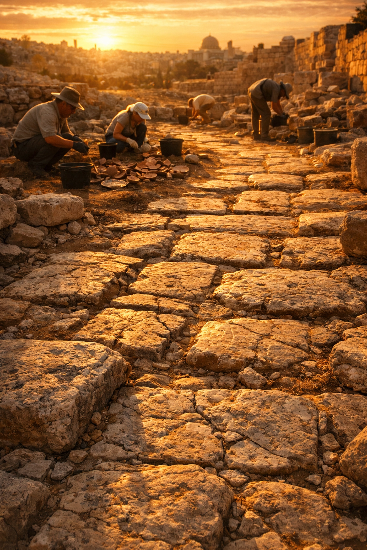Ancient stone pilgrimage road excavation in Jerusalem showing Second Temple period archaeological discovery