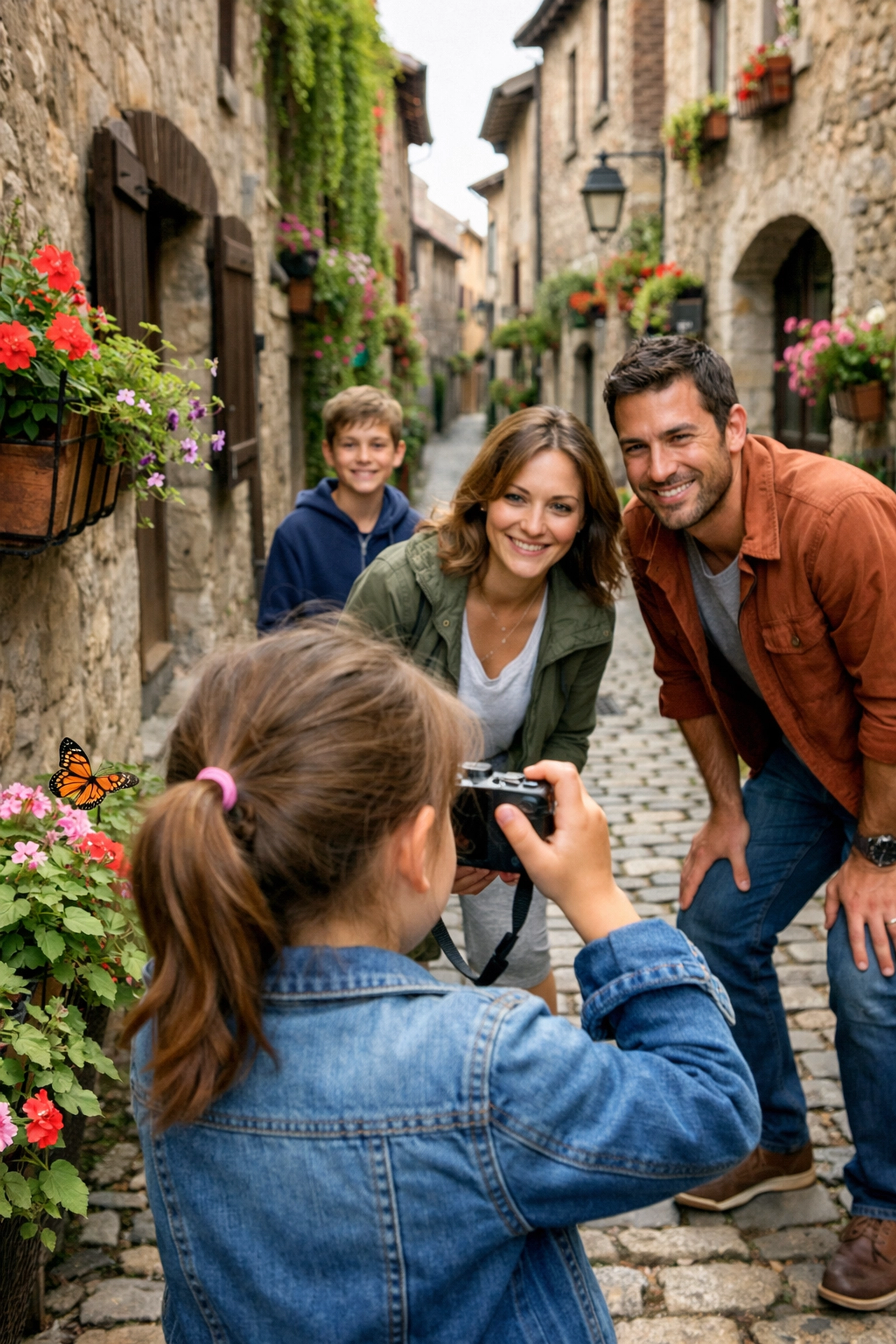 Family taking a photo walk through a scenic alley, discovering the best photography locations together.