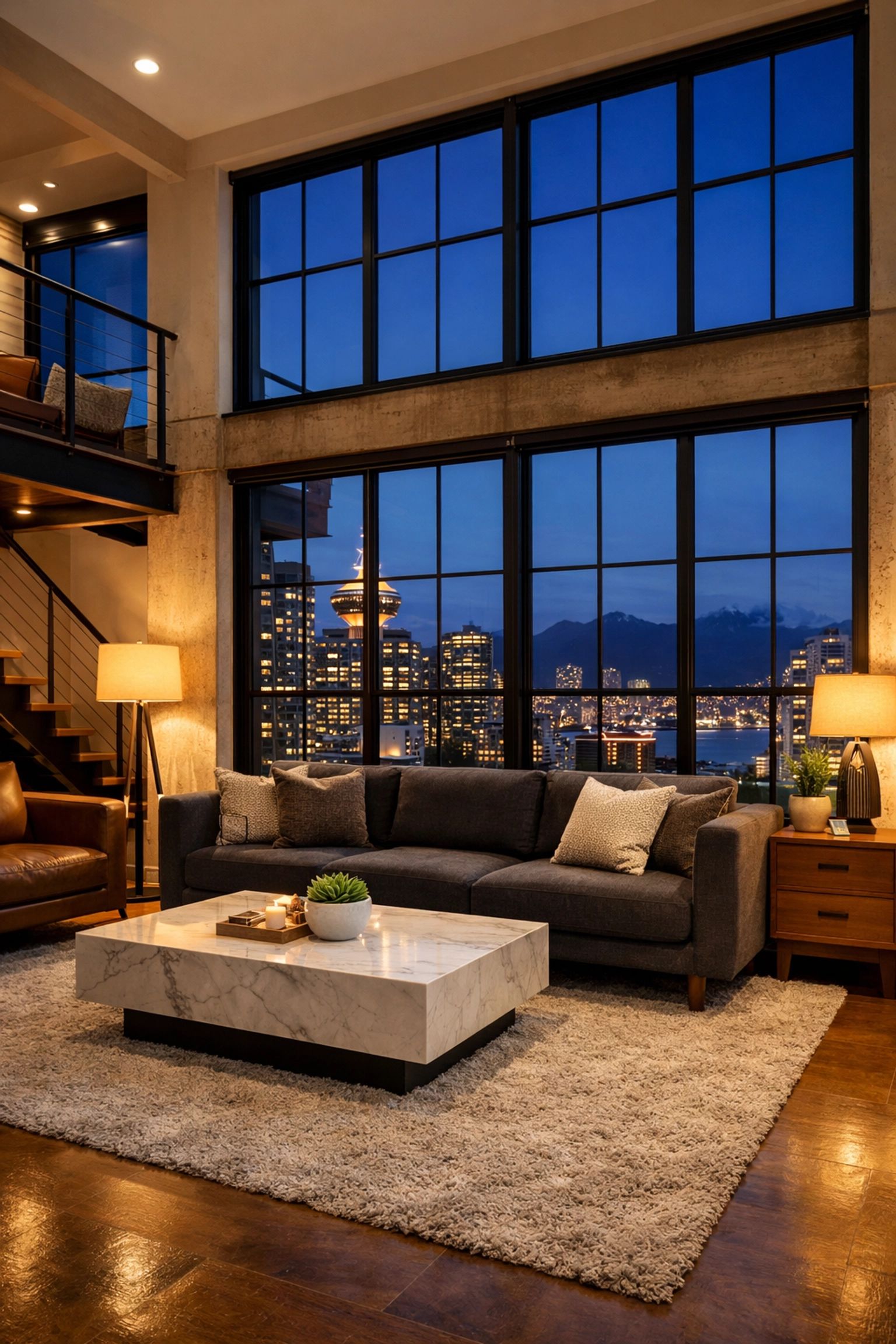 Luxury Vancouver loft at dusk staged for professional short-term rental management and maximum yield.