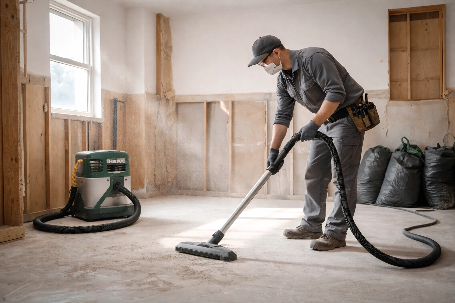 Worker using industrial HEPA vacuum for lead-safe cleanup in a gutted kitchen demolition project