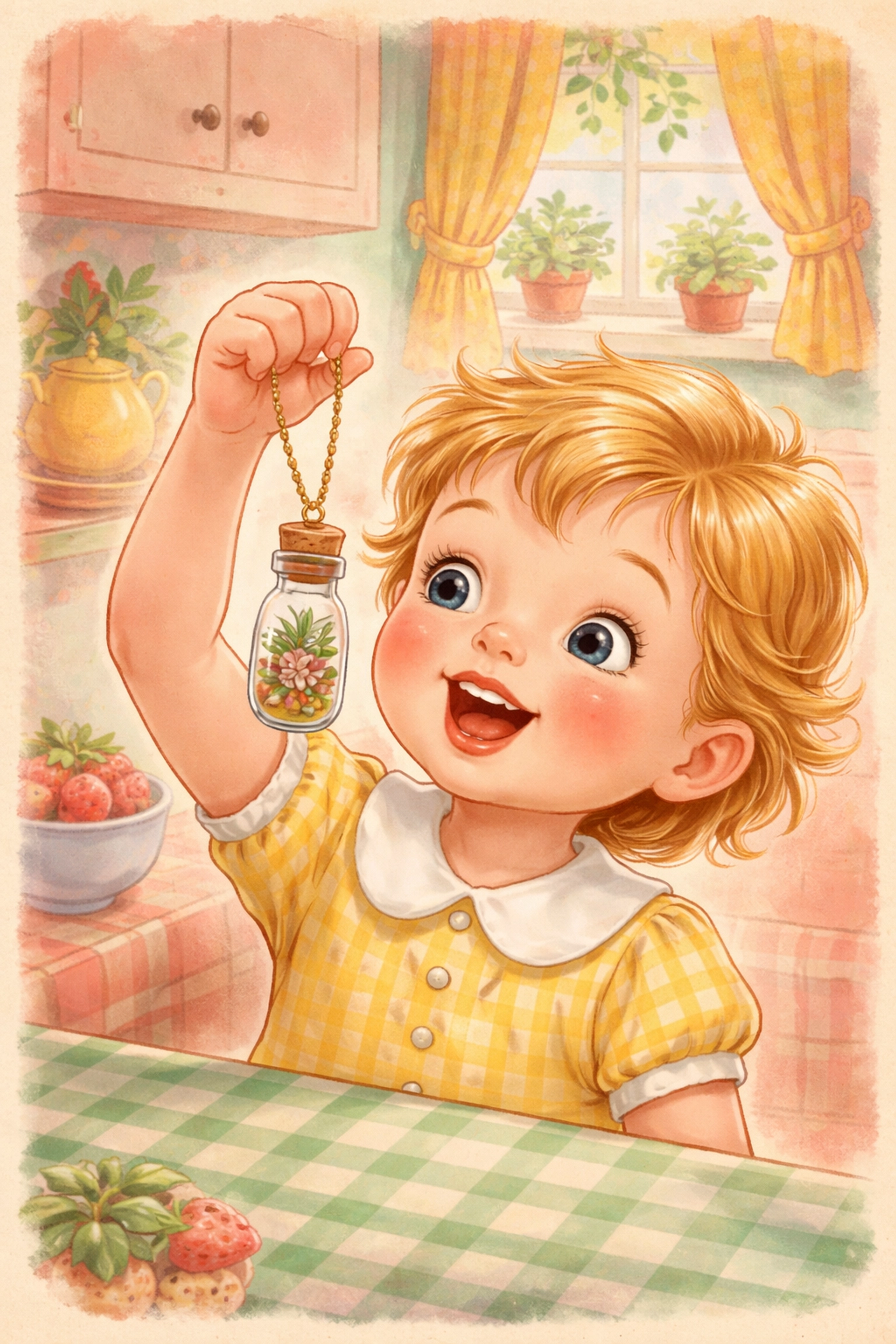 Child admiring a handmade living jewelry necklace with a tiny succulent garden in a glass vial pendant