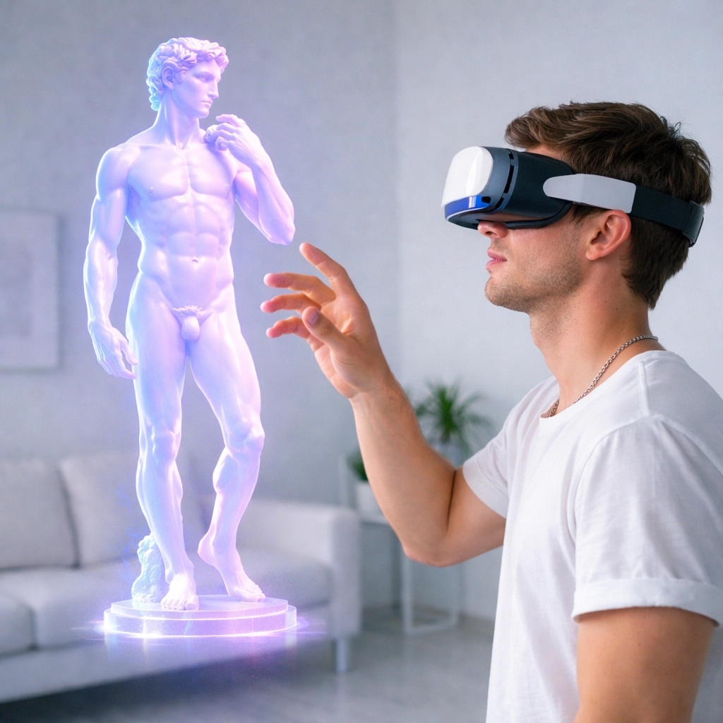 A person using a VR headset to explore a digital sculpture of the male physique in a virtual art gallery.