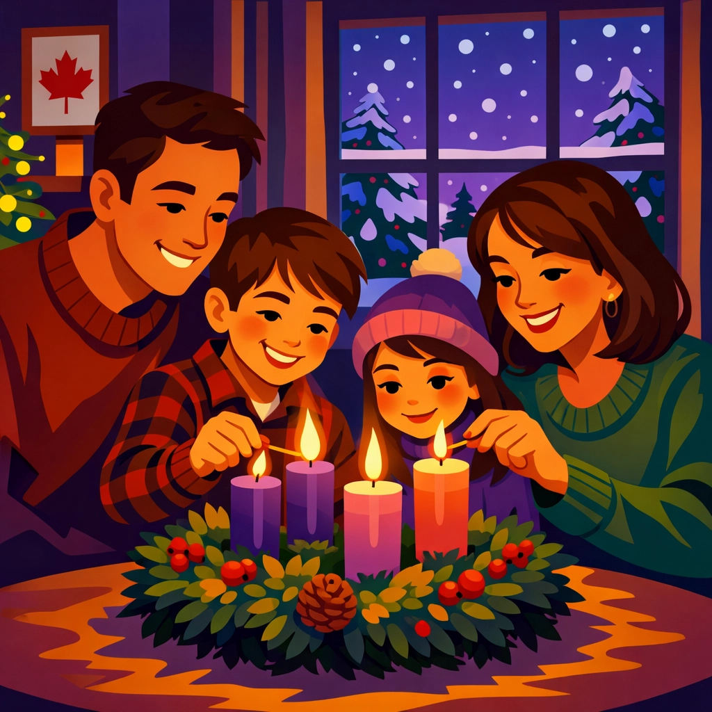 Family lighting Advent wreath candles together creating faith-based holiday traditions