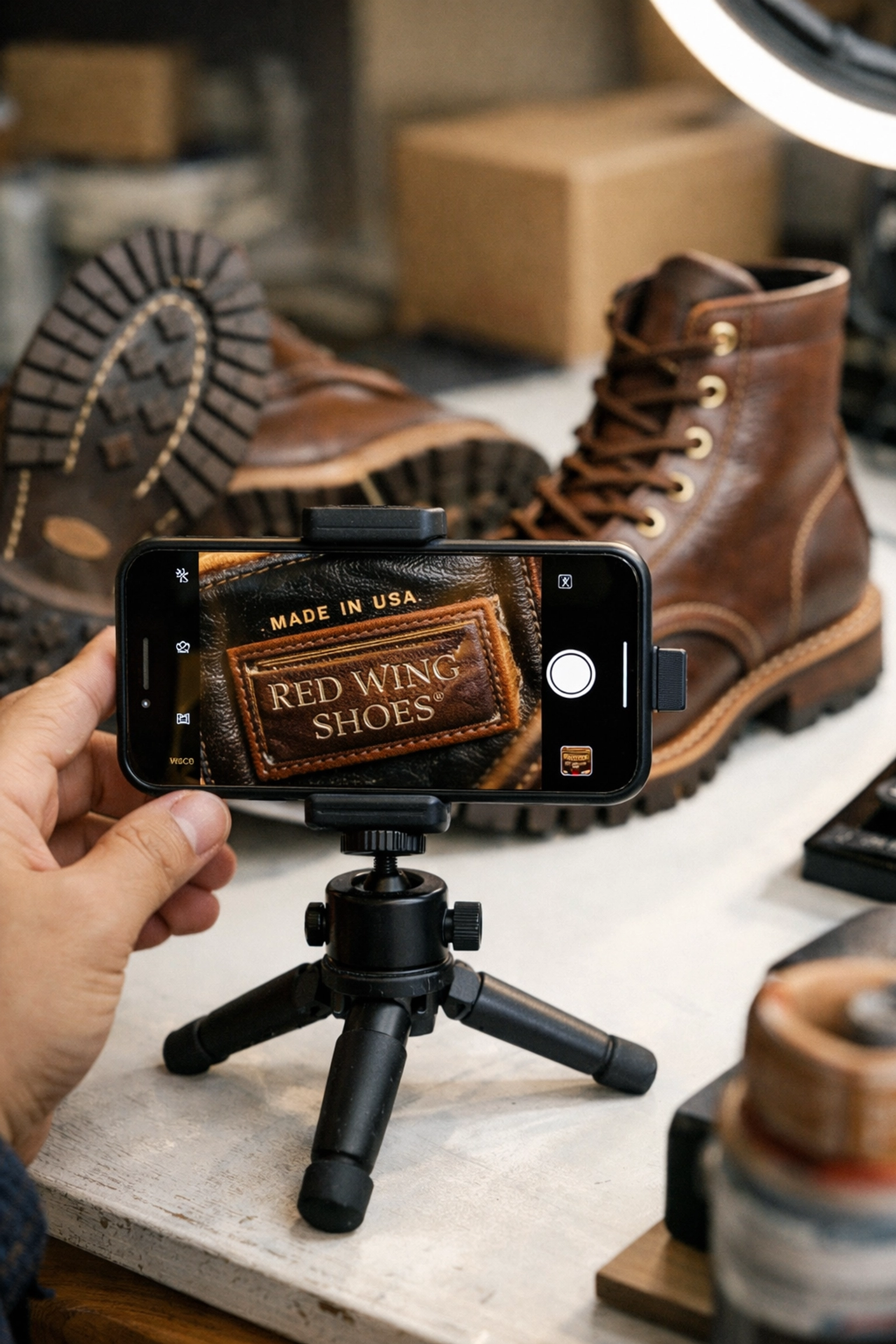 Smartphone on a tripod taking clear, detailed close-up photos of leather boots for an eBay listing.