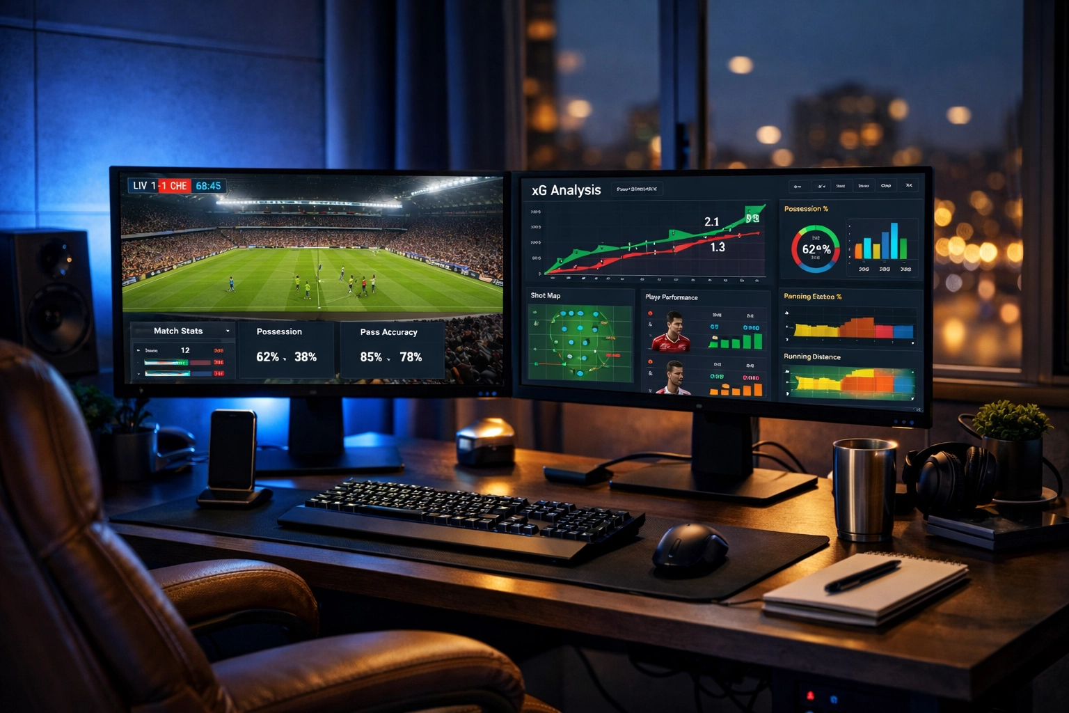 Doppelmonitor-Setup zeigt Live-Fußballstatistiken und xG-Analyse-Dashboards für Value-Betting