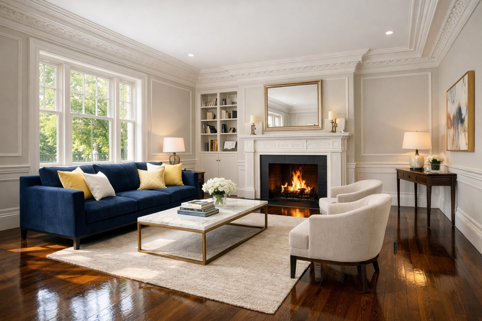 Spotless historic West Cambridge living room with professionally cleaned dark wood floors and fireplace.