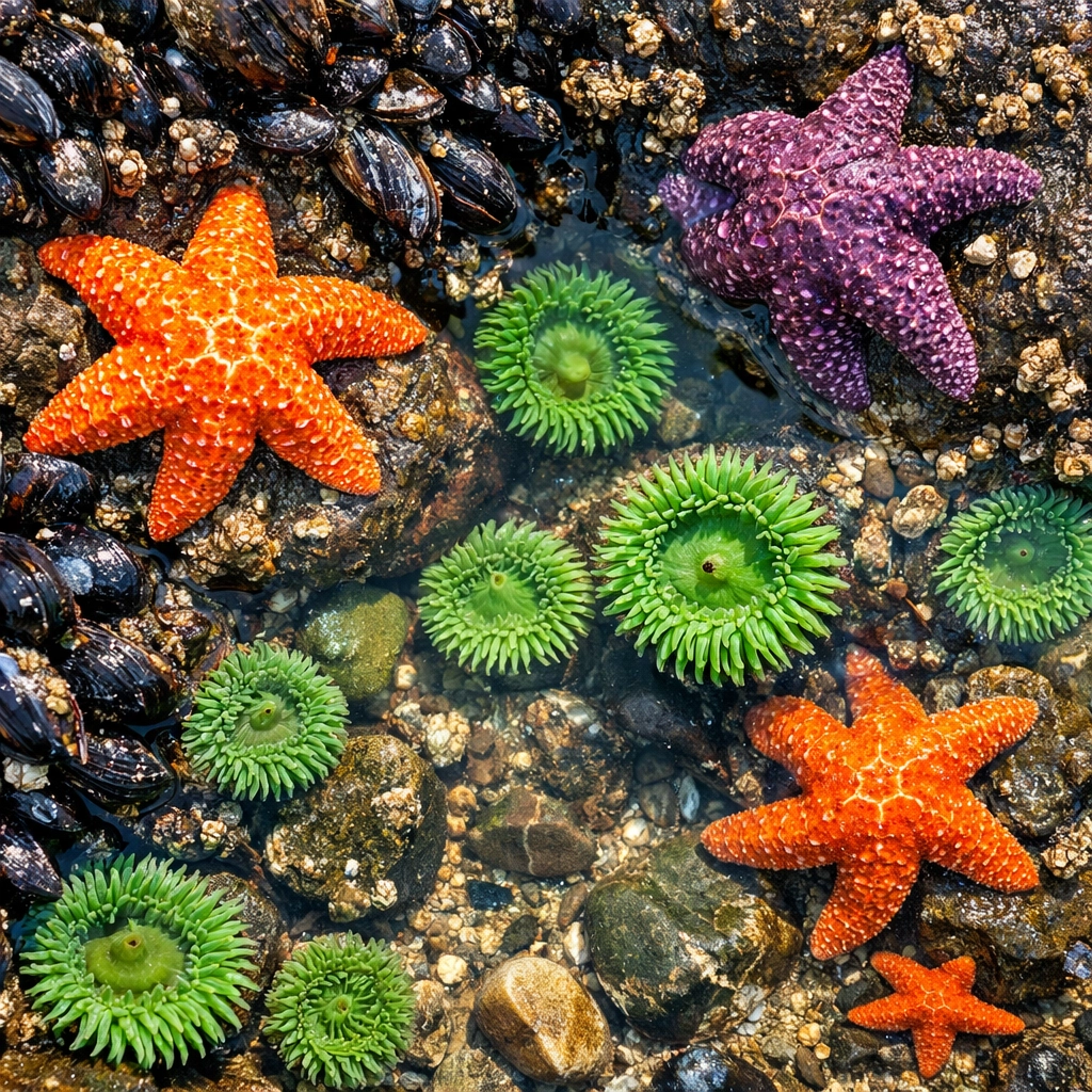 Colorful tide pool marine life at Baker Beach showing sea stars, anemones, and mussels