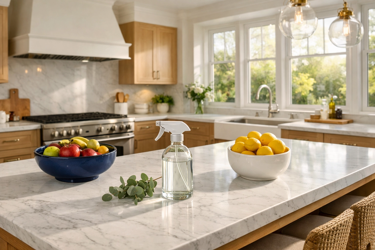 Eco-friendly kitchen deep cleaning for a high-end Concord estate with marble surfaces.