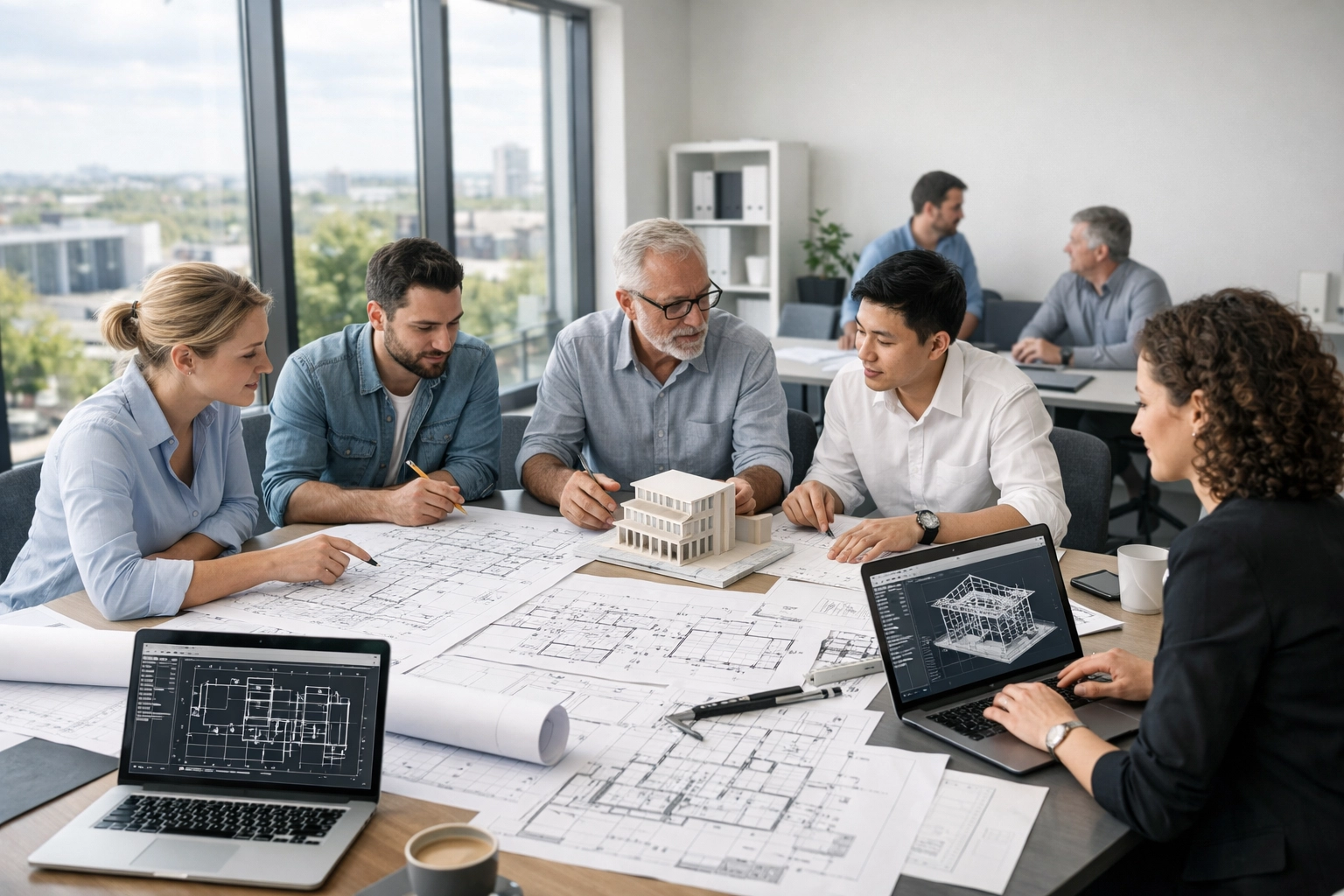 In-house architects and structural engineers collaborating on London building project blueprints