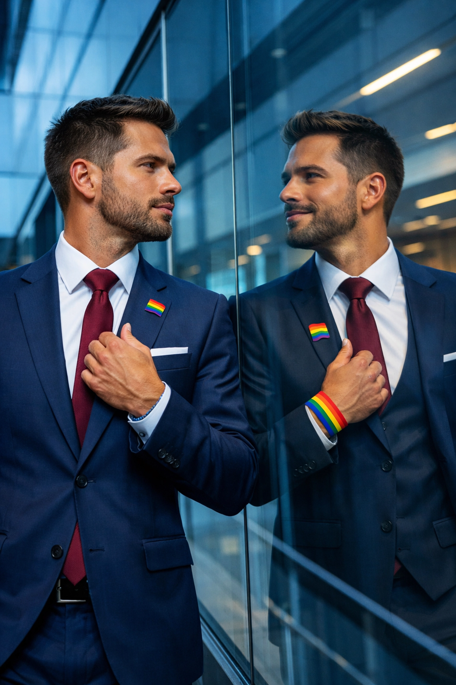 A gay professional embracing authenticity in a modern office hallway, showcasing pride and queer leadership in his career.