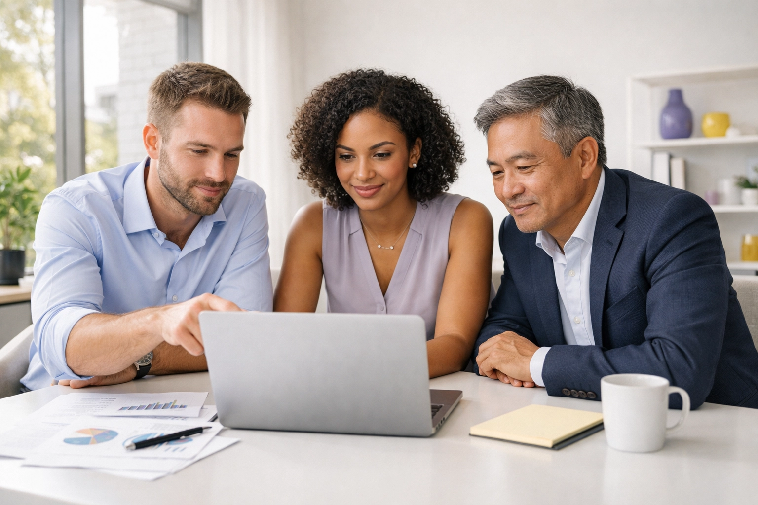 Professional consultants collaborating in a modern office to implement a firm-wide growth marketing strategy.