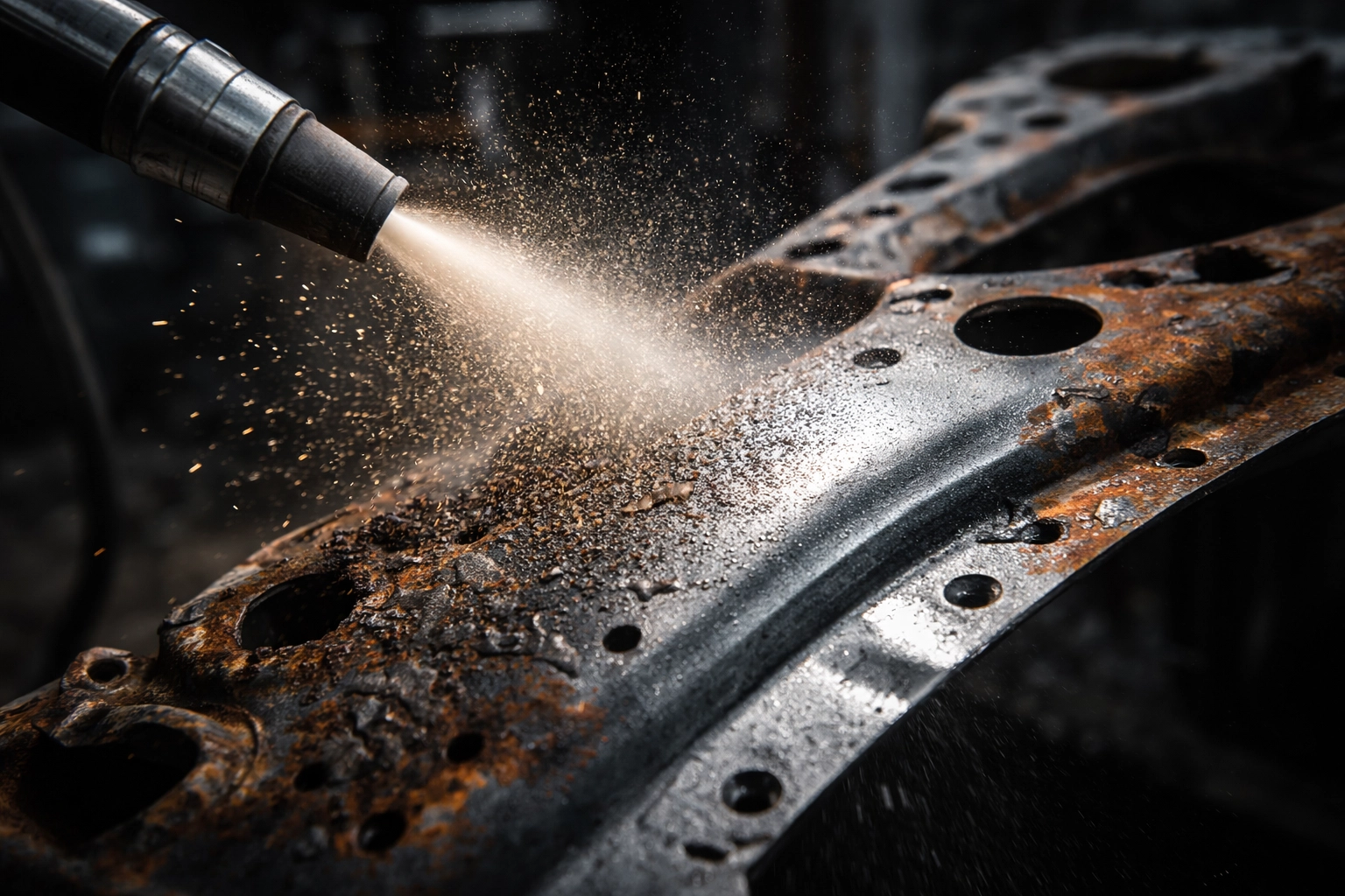 Sandblasting a metal part to prepare for powder coating removes rust and old paint