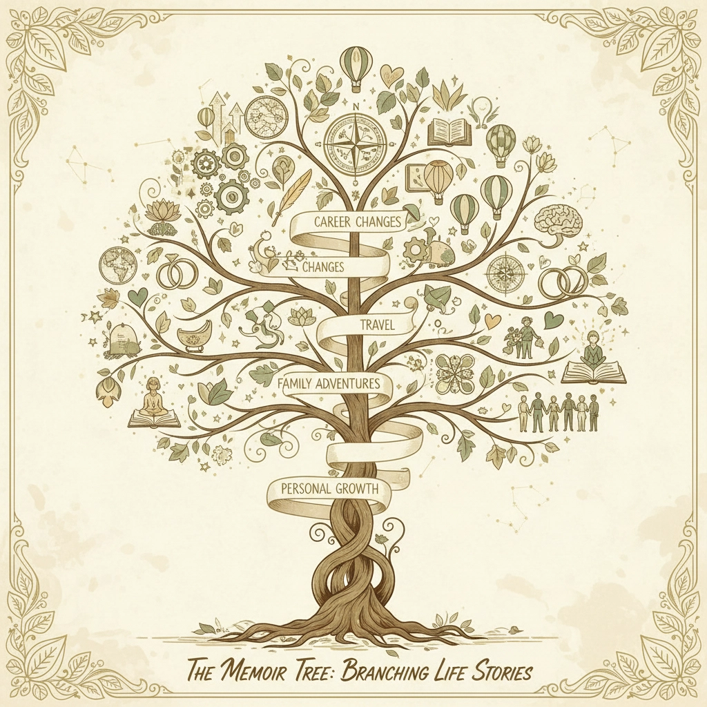 Illustration of a large tree with swirling branches representing a memoir structure. A ribbon winds up the trunk with labeled sections: ‘Personal Growth,’ ‘Family Adventures,’ ‘Travel,’ ‘Changes,’ and ‘Career Changes.’ Around the branches are icons such as books, balloons, a compass, gears, hearts, and family figures, symbolizing different themes of life stories. Caption at the bottom reads: ‘The Memoir Tree: Branching Life Stories.
