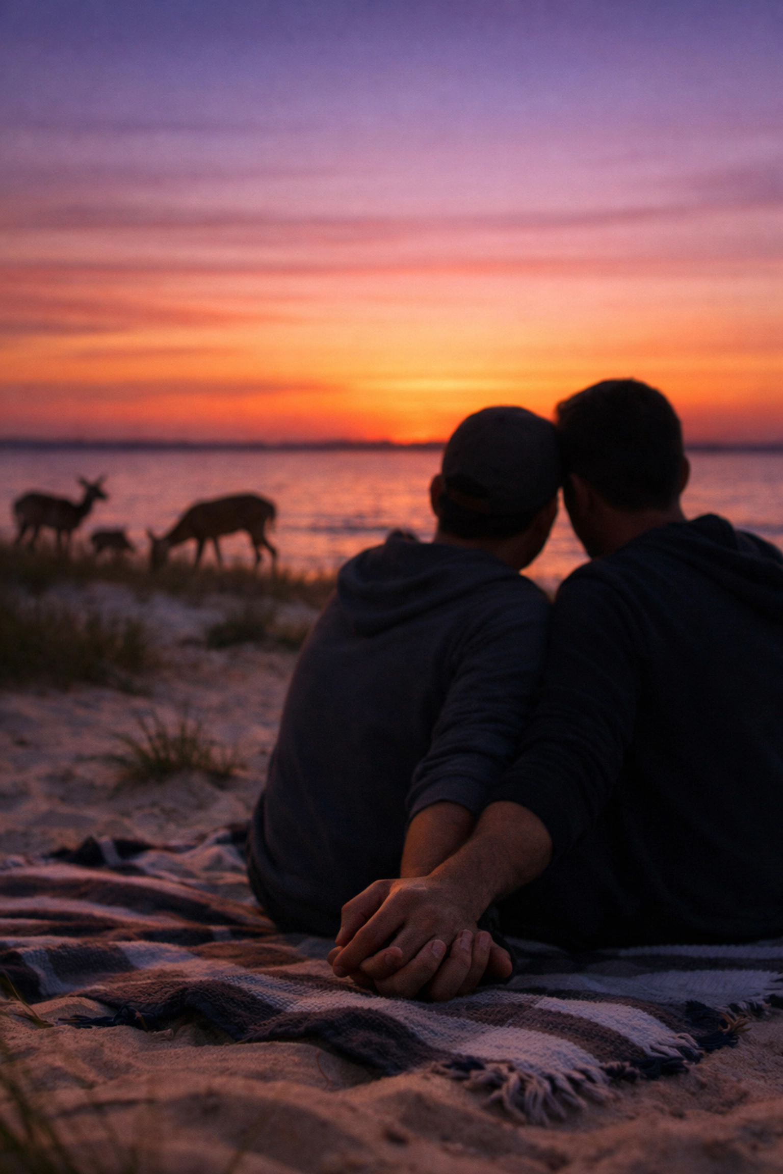 Two men sitting together at Fire Island beach during sunset with deer grazing nearby