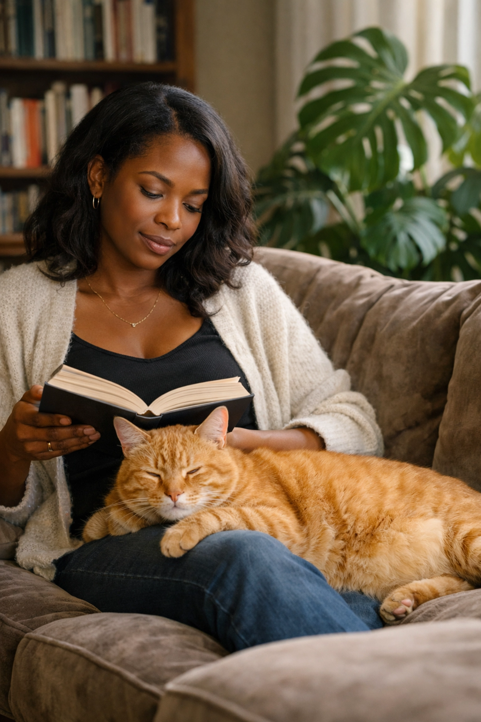 A ginger tabby cat on its owner's lap in a San Francisco apartment, highlighting stress-free in-home cat care.