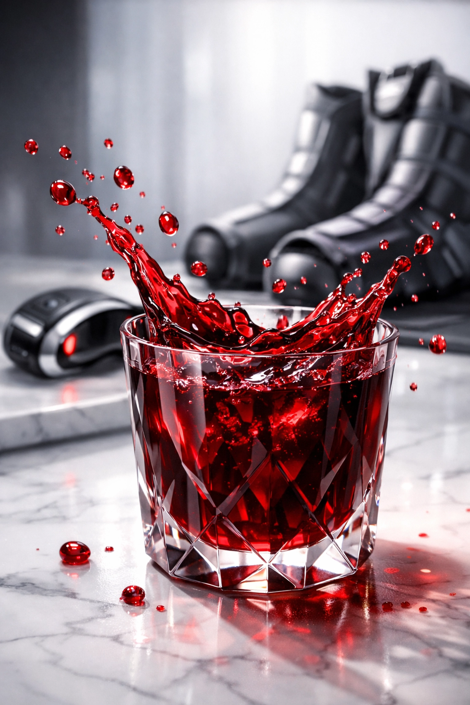 Tart cherry juice splash next to fitness recovery gear for reducing inflammation biomarkers.