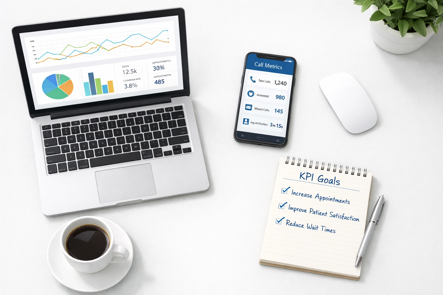 Desk workspace with laptop and phone showing call center analytics and KPI metrics