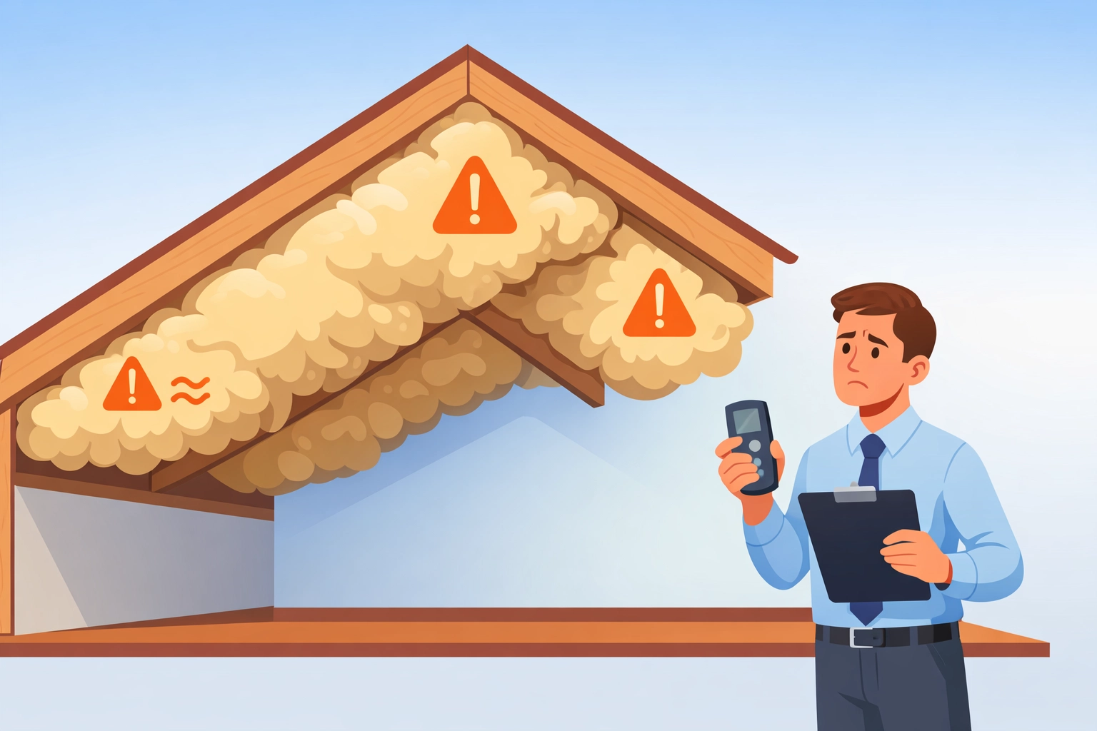 Mortgage surveyor inspecting spray foam covered loft rafters with moisture meter