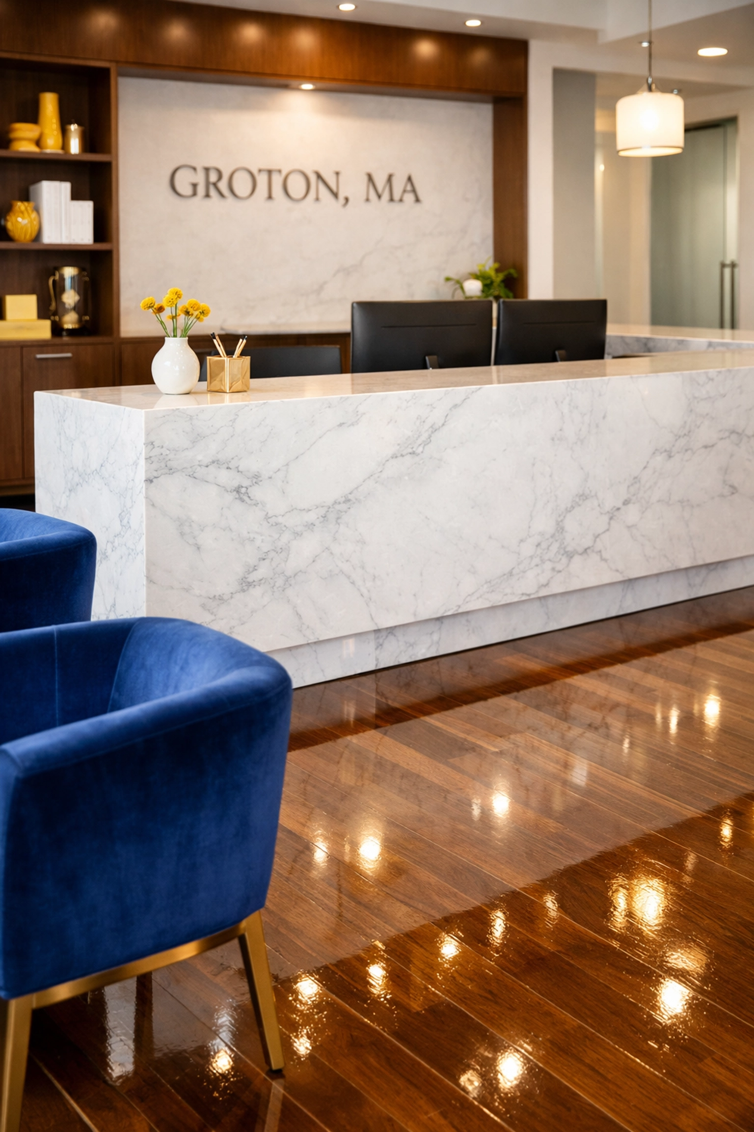 Professional office cleaning Groton MA results showing a polished marble reception area and sparkling floors.