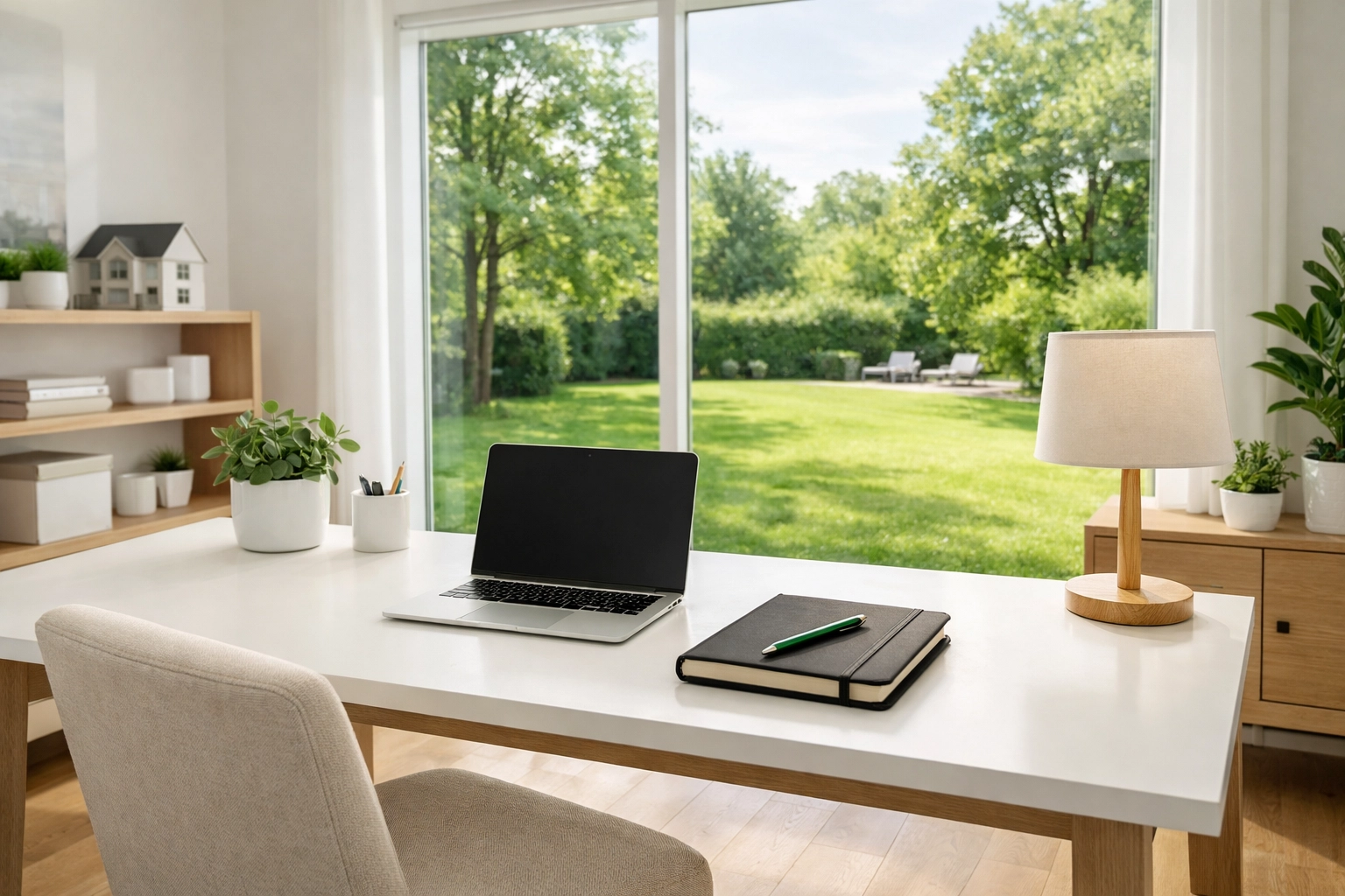 A bright, modern home office overlooking green trees, perfect for managing a real estate portfolio.