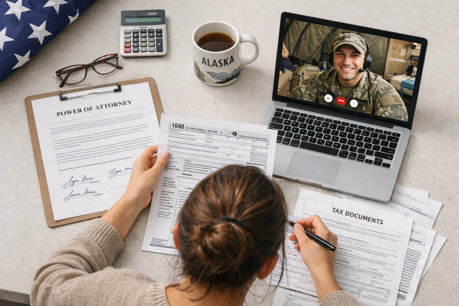 Military spouse filing taxes with power of attorney while video chatting with deployed partner
