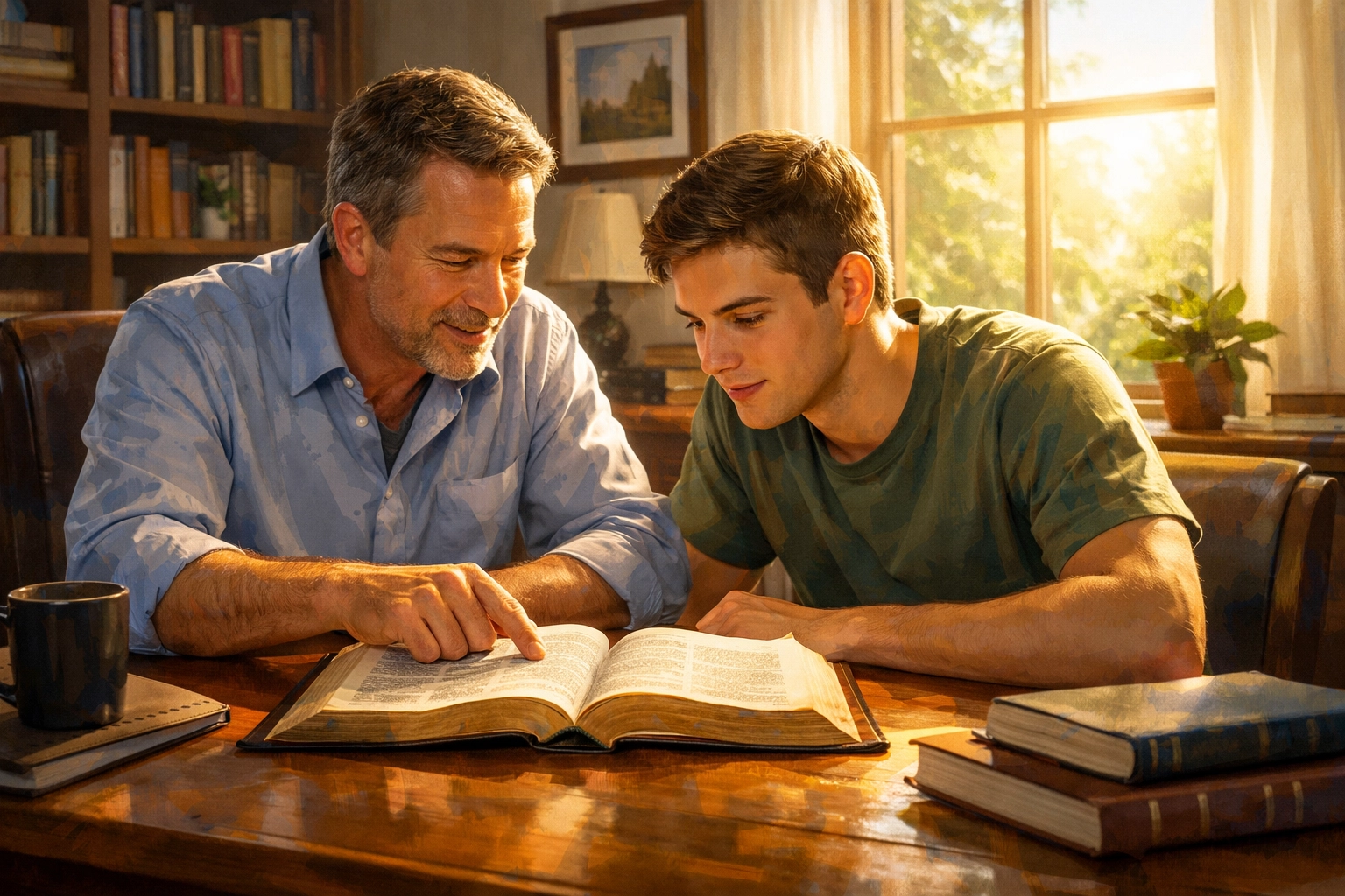 A mentor and a young man engage in a deep Bible study together in a bright, modern office.