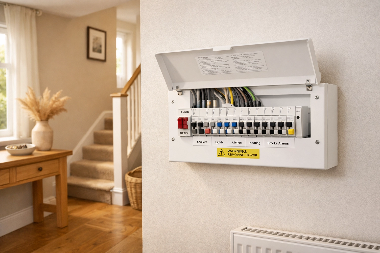 Properly installed consumer unit with neat wiring in Rugby residential property