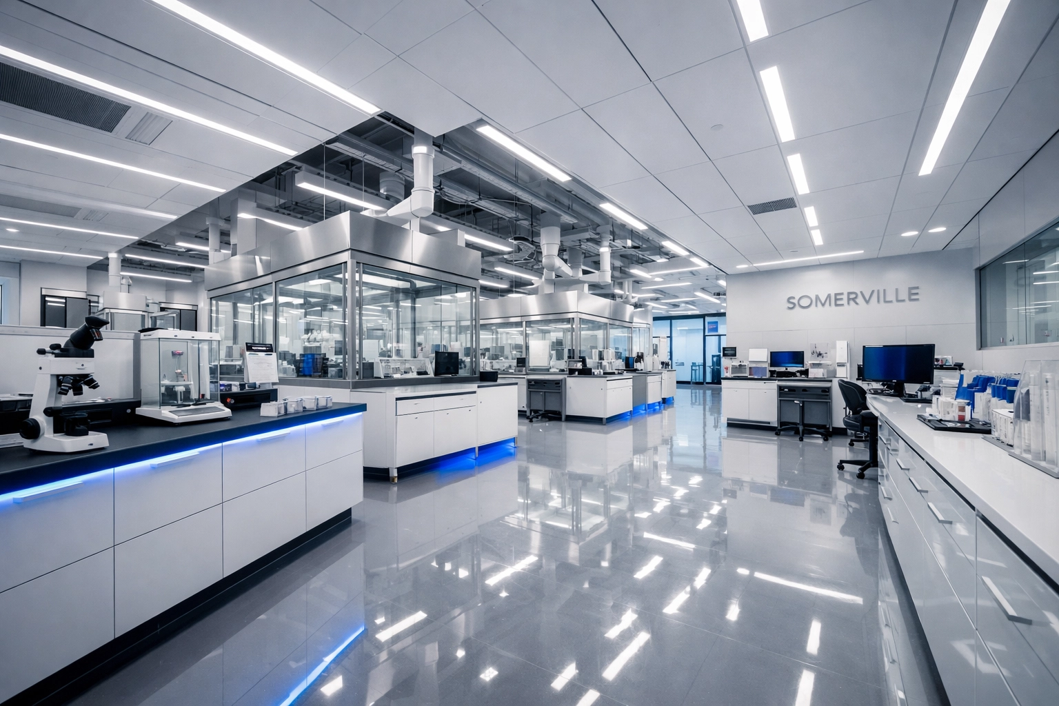 Pristine high-tech laboratory in Somerville with polished floors reflecting expert facility maintenance.