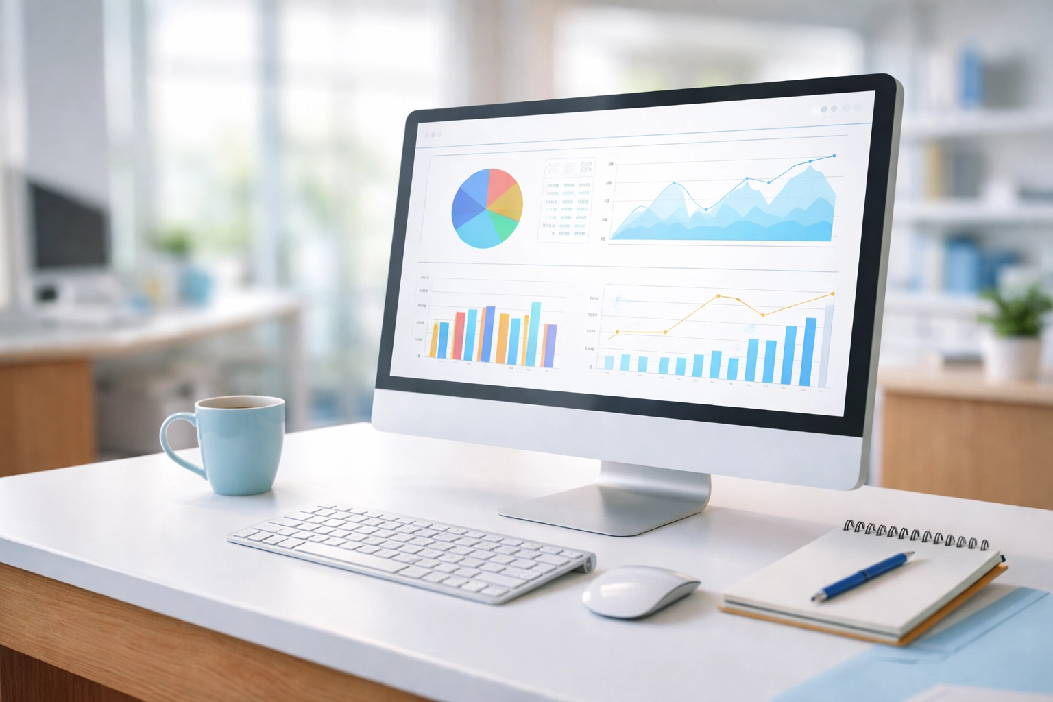 Modern medical office workspace with computer displaying accounts receivable metrics