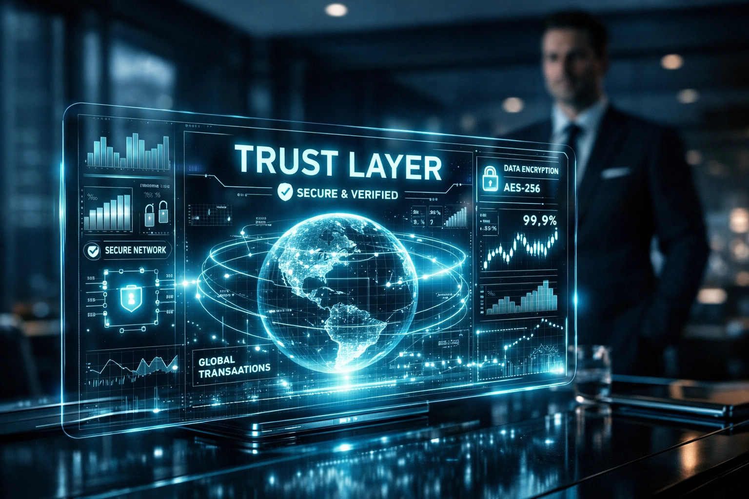 Holographic financial data interface in an office highlighting fintech growth in California business.