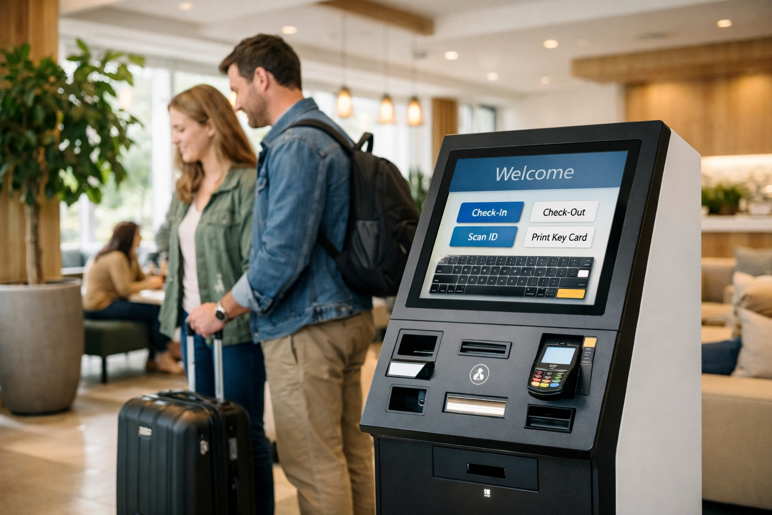 Self-check-in kiosk in modern hotel lobby enabling automated guest check-in process