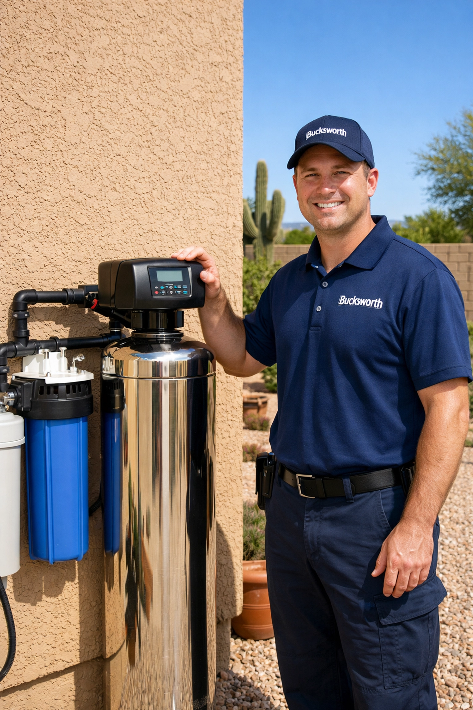 Bucksworth Home Services technician inspecting a whole-home water filtration system in a Chandler, AZ backyard.