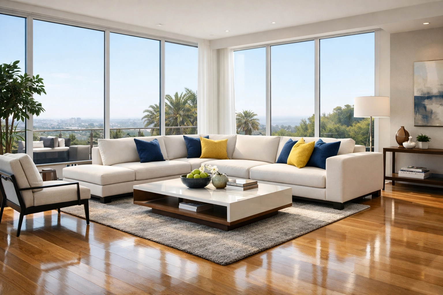 A sunlit, professionally cleaned living room featuring polished hardwood floors and a dust-free environment.