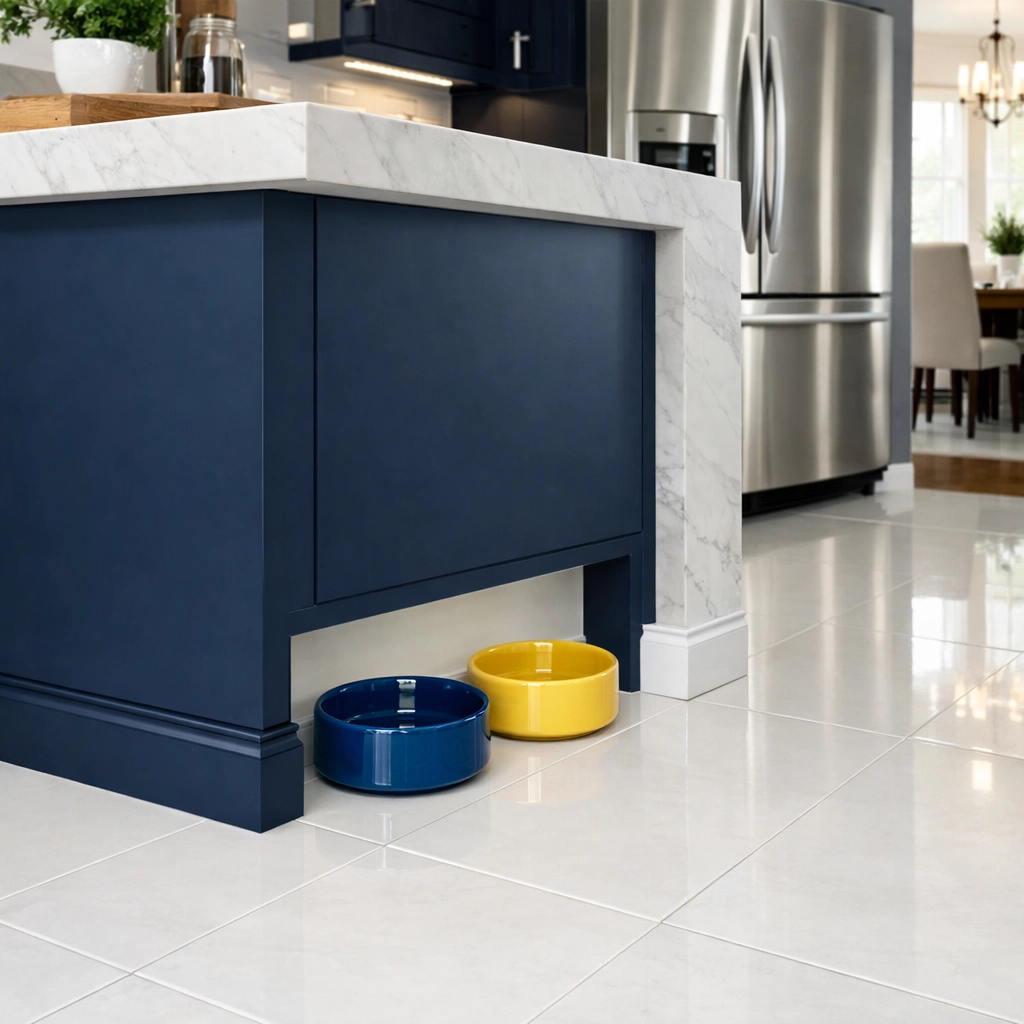 Spotless Worcester kitchen tiles and baseboards around a sanitized pet feeding area.