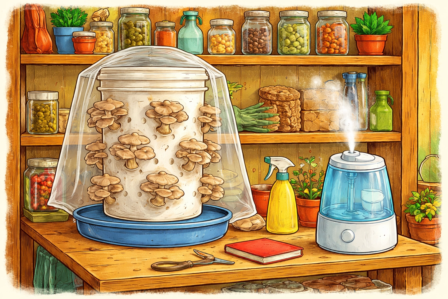 Cozy basement winter mushroom growing station with a 5-gallon bucket and oyster mushrooms on a shelf (1950s Little Golden Books hand-drawn style)