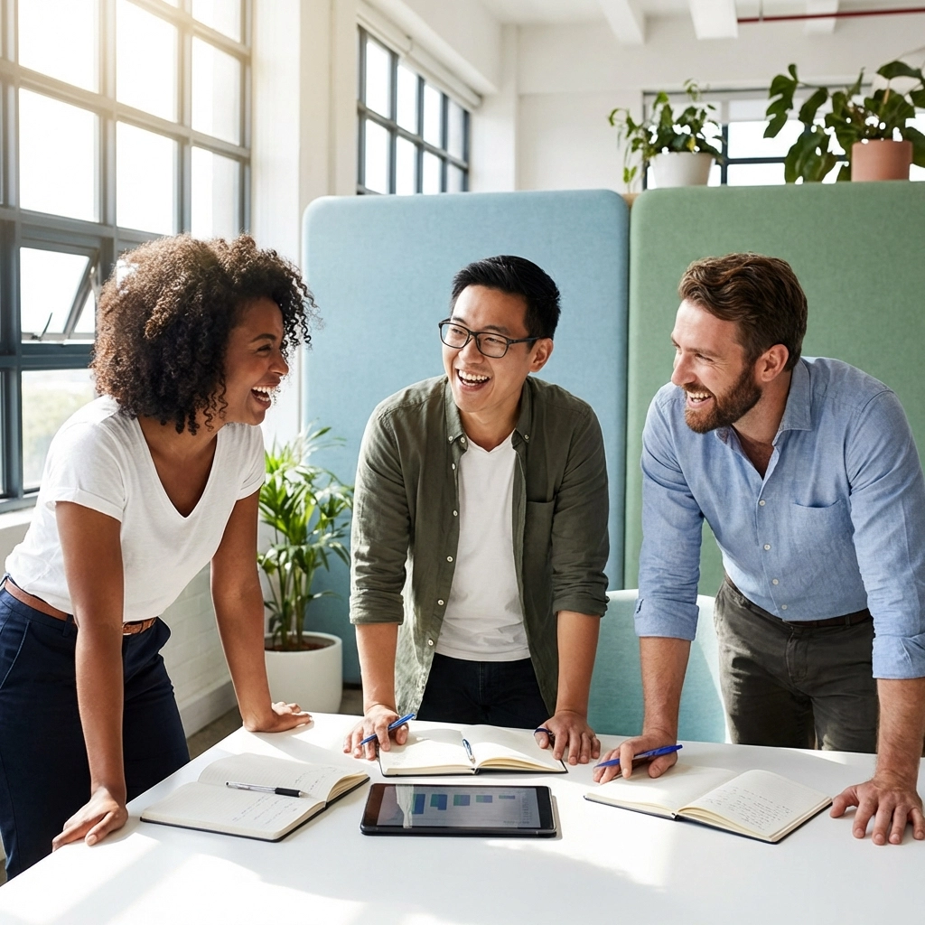 Diverse group discussing real estate plans in a welcoming office showing collaborative decision-making Diverse group discussing real estate plans in a welcoming office showing collaborative decision-making