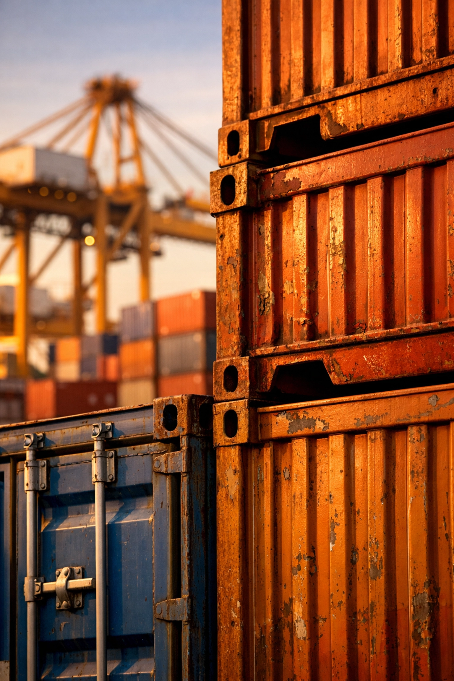 Stacked shipping containers at UK port terminal ready for international freight transport