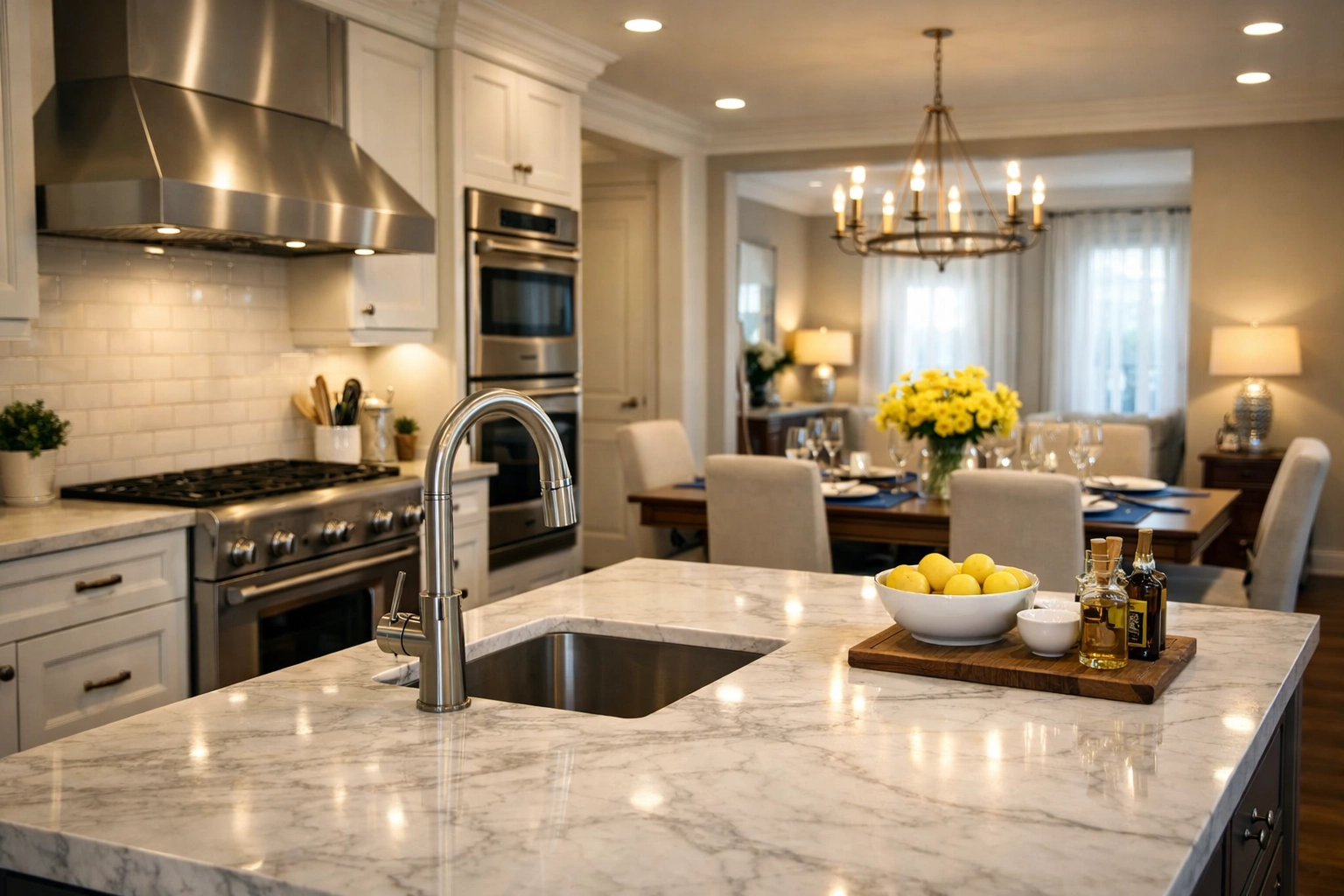 Pristine kitchen with marble countertops showcasing expert Southborough apartment cleaning results.