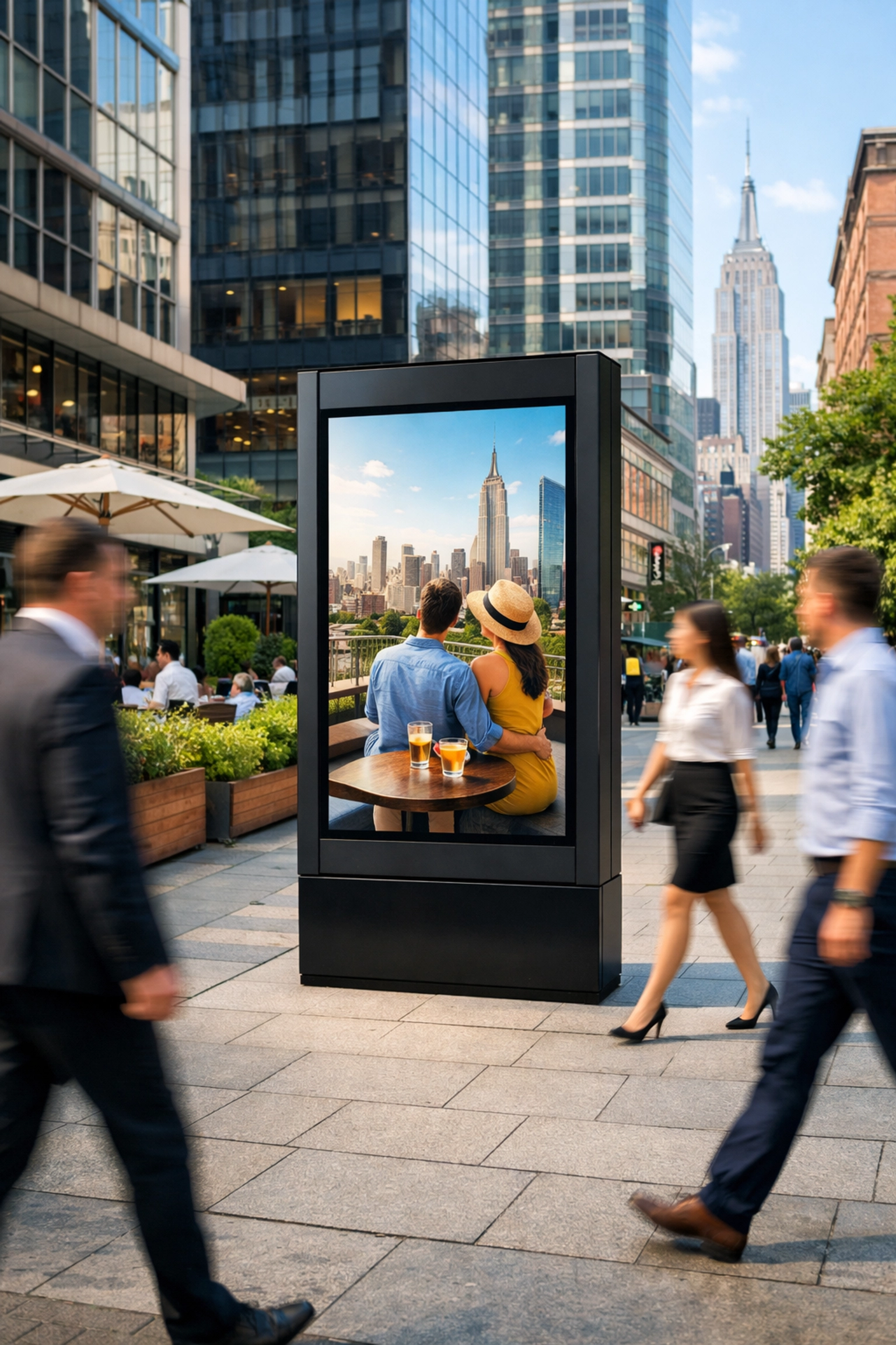 Localized digital advertising kiosk in a busy city center showcasing media innovation.