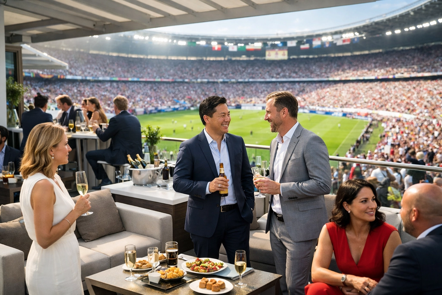 Business partners networking in a premium VIP sports hospitality lounge during a major soccer tournament.