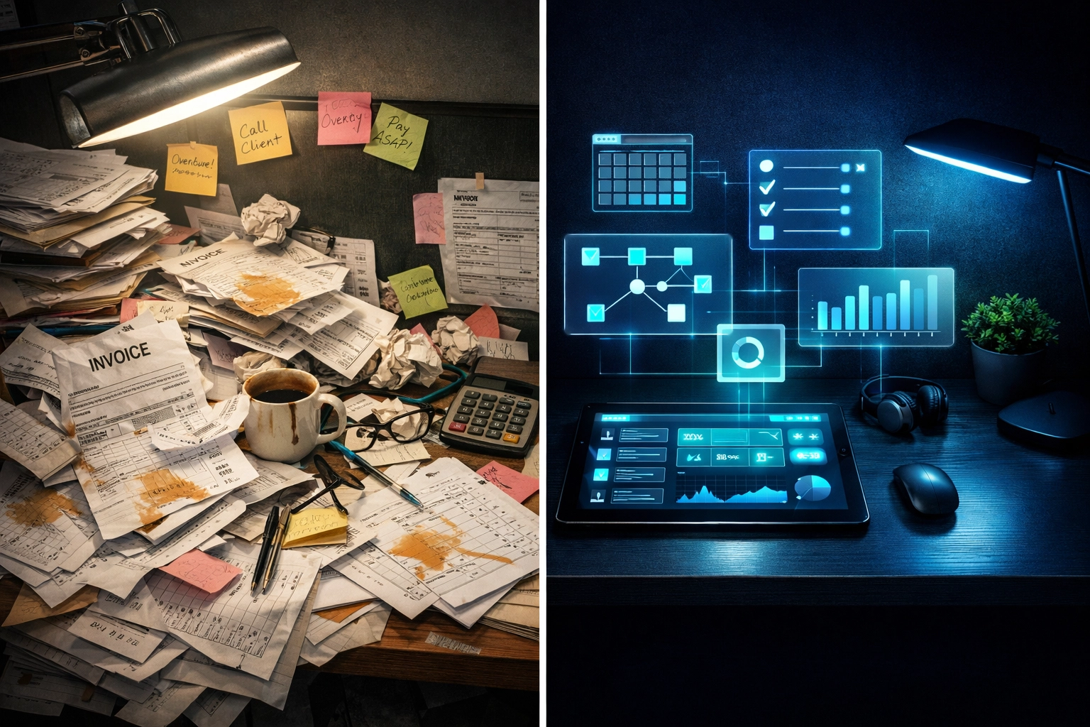 Manual paperwork chaos versus organized digital workflow automation on modern workspace