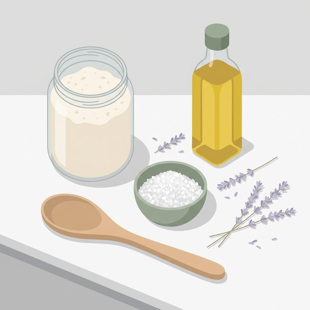 Flour, salt, oil, and lavender shown as basic ingredients for making naturally scented playdough at home