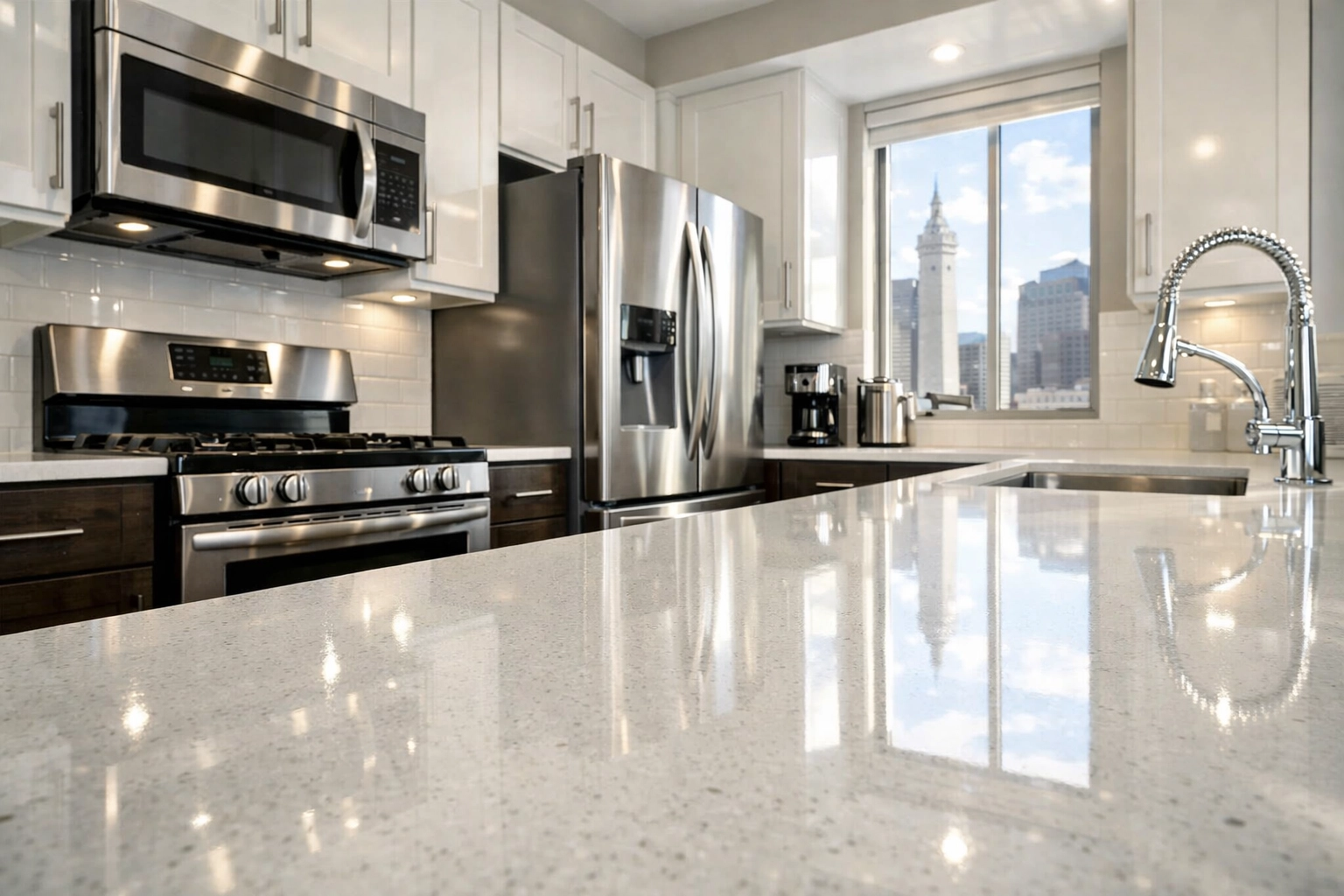 Deep cleaned Indianapolis apartment kitchen with gleaming countertops and stainless steel appliances.